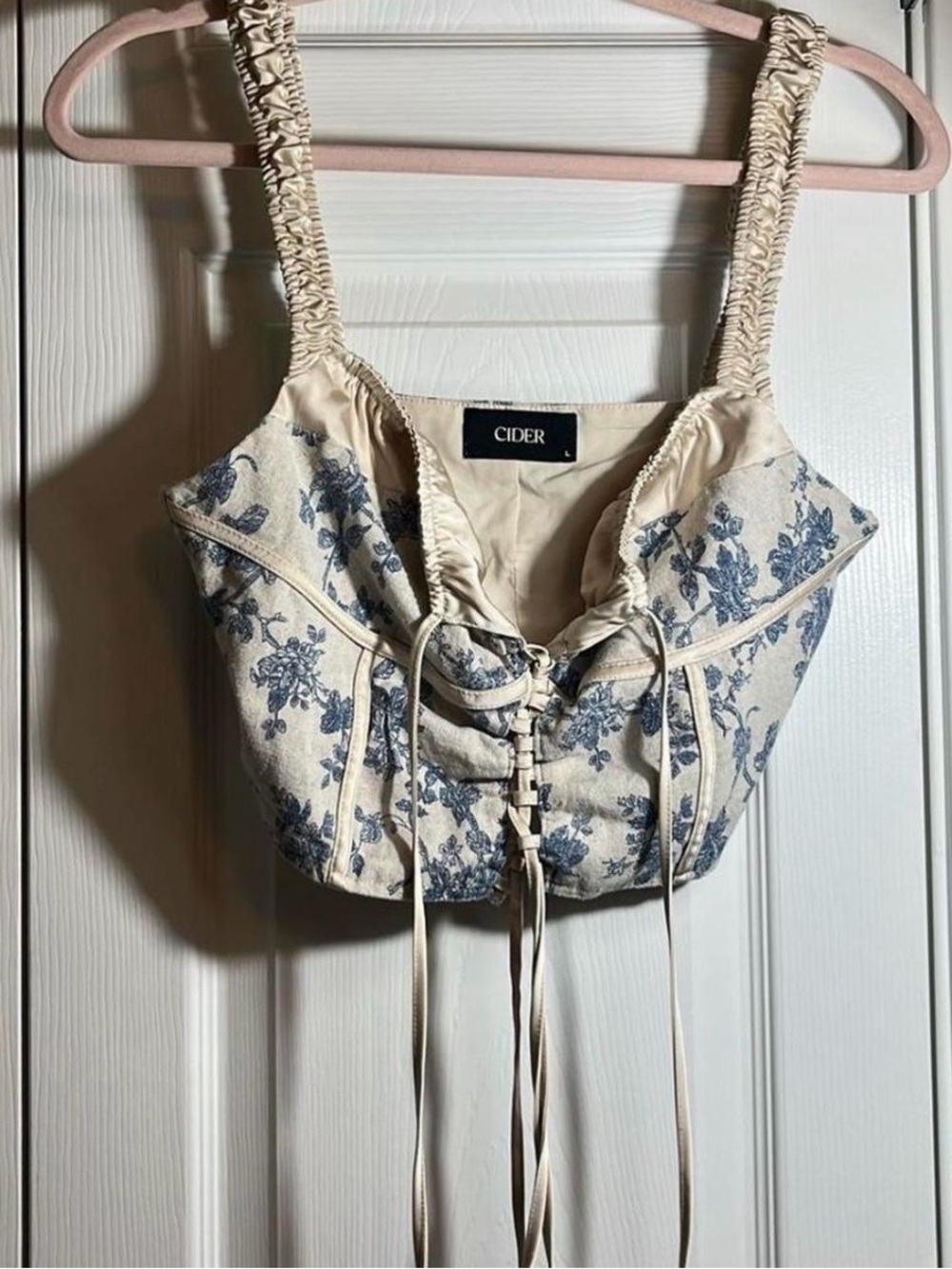 Cider Cream Crop Corset Top with Blue Floral Print